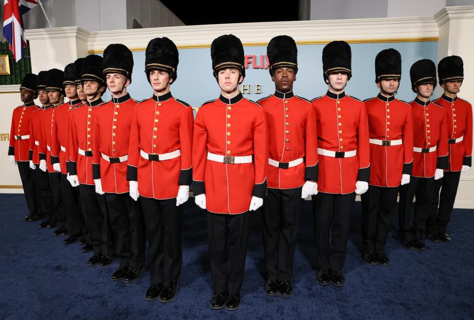 The King's Guard character actors at the Los Angeles premiere of Netflix's "The Crown" Season 6 Part 1 at Regency Village Theatre on November 12, 2023 in Los Angeles, California.