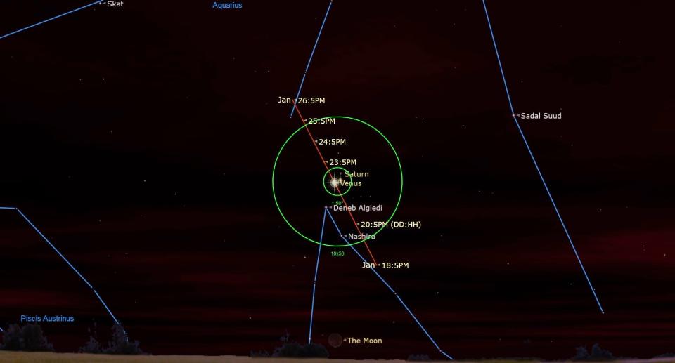 An illustration of the night sky on Jan. 22 showing the conjunction of Venus and Saturn.
