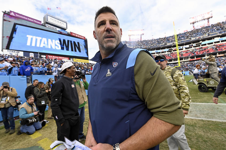 Tennessee Titans head coach Mike Vrabel leaves the field after a 23-21 win over the New Orleans Saints in an NFL football game Sunday, Nov. 14, 2021, in Nashville, Tenn. (AP Photo/John Amis)