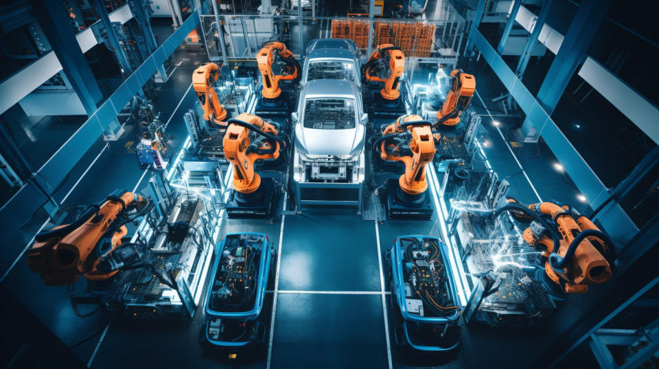 An overhead view of an assembly line producing hydrogen-powered vehicles.