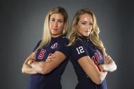 Beach volleyball players April Ross (L) and Jen Kessy pose for a portrait during the 2012 U.S. Olympic Team Media Summit in Dallas, May 15, 2012.