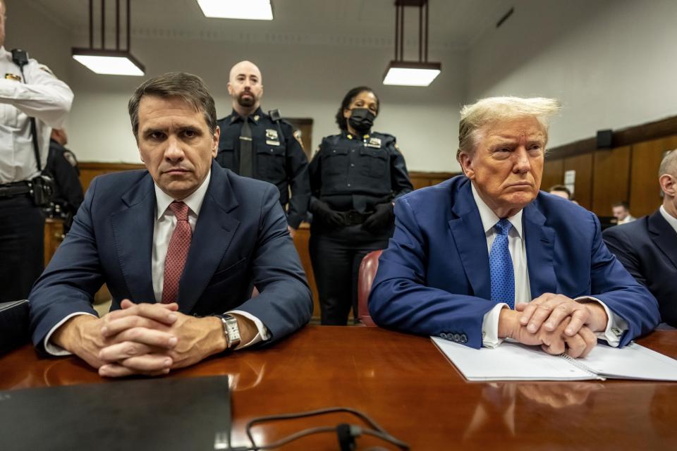 Former President Donald Trump sits in Manhattan Criminal Court in New York, Monday, May 20 2024. (Mark Peterson/Pool Photo via AP)