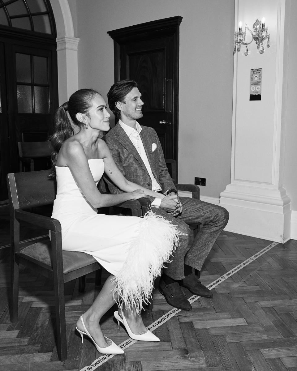 The Bride Wore Feathers for Her Civil Ceremony in London, and a Dress Embroidered With Peonies to Her Micro-Wedding in Portugal