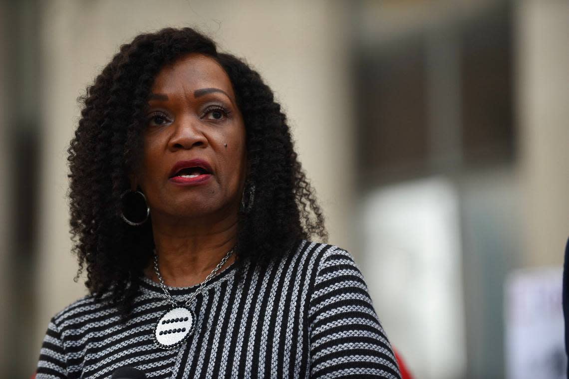 Gwen Grant, president and CEO of the Kansas City Urban League, speaks outside the Jackson County Courthouse on Nov. 8, 2021.