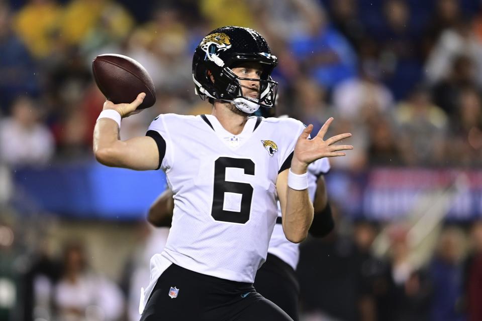 Jacksonville Jaguars quarterback Jake Luton (6) throws a pass during the first half of the NFL football exhibition Hall of Fame Game on Thursday, Aug. 4, 2022, in Canton, Ohio.(AP Photo/David Dermer)