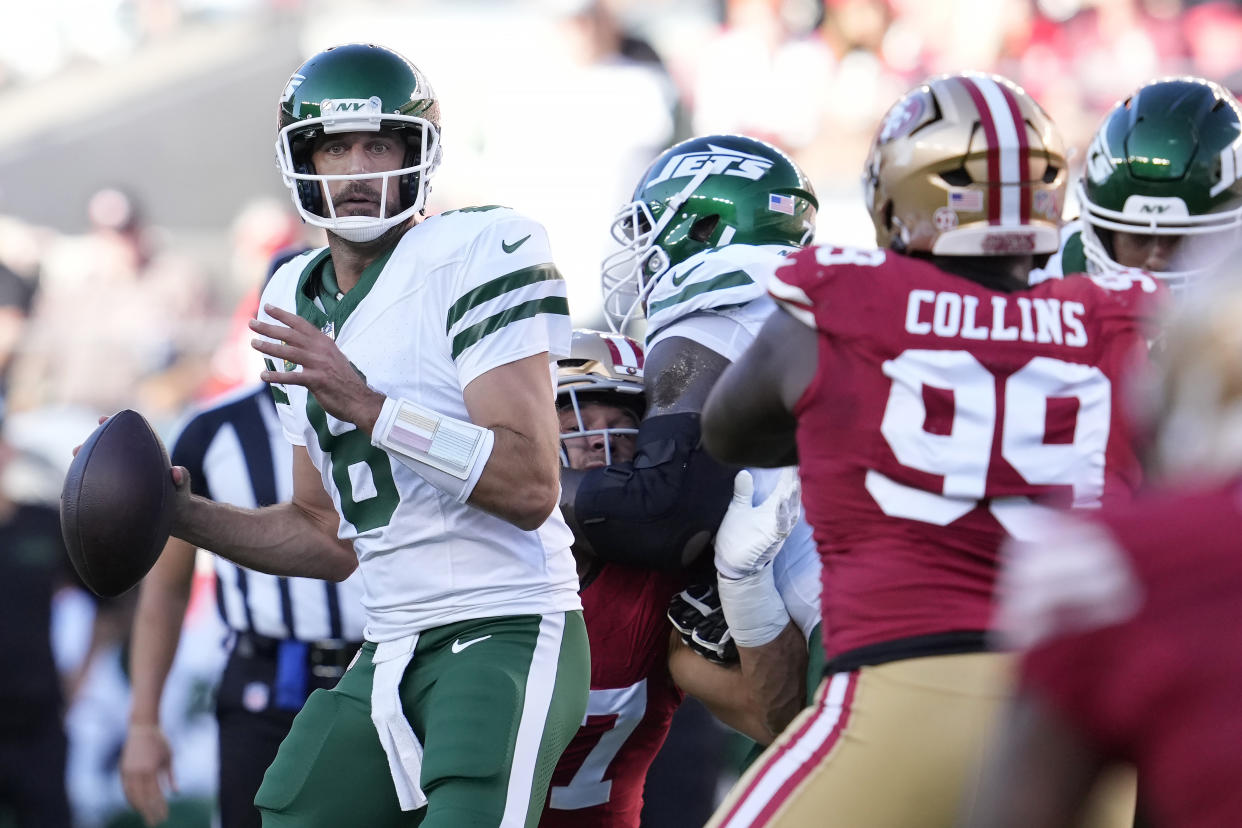 New York Jets quarterback Aaron Rodgers had a relatively quiet game in his 2024 debut. (AP Photo/Godofredo A. Vásquez)