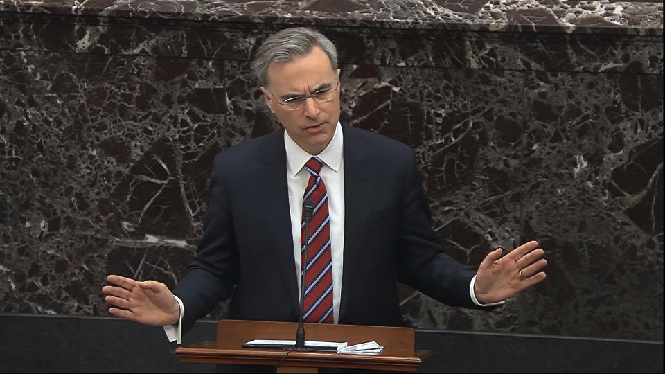 In this image from video, White House counsel Pat Cipollone speaks during the impeachment trial against President Donald Trump in the Senate at the U.S. Capitol in Washington, Saturday, Jan. 25, 2020. (Senate Television via AP)