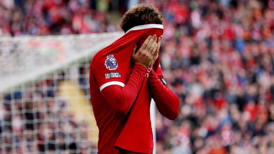 Liverpool midfielder Curtis Jones reacts to missing a chance against Crystal Palace