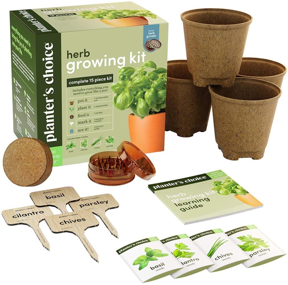 Herb Garden Growing Kit including peat pots, seeds, coir, seed grinder, and garden markers