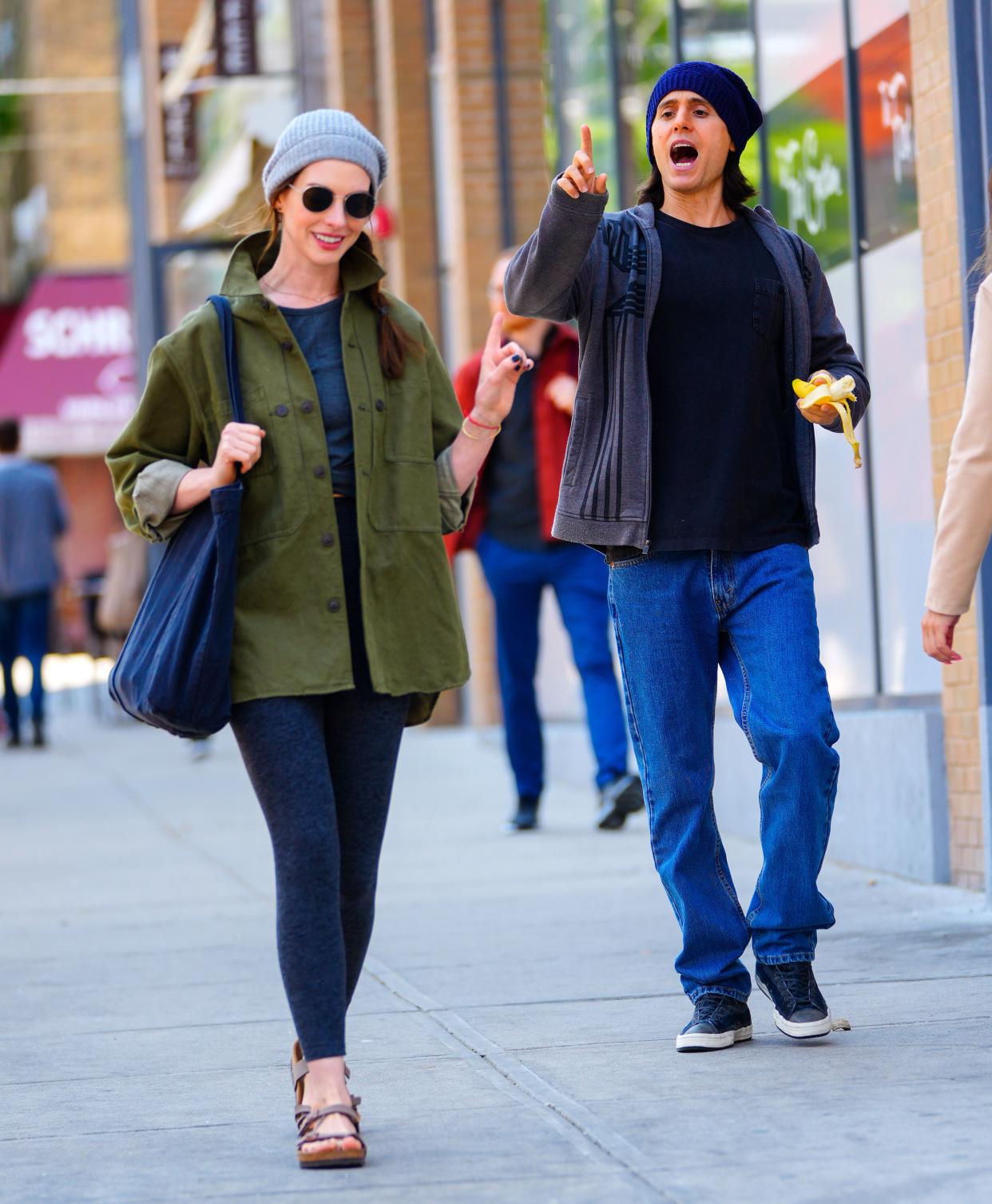 Anne Hathaway and Jared Leto on location for "WeCrashed" on May 25, 2021, in New York City.