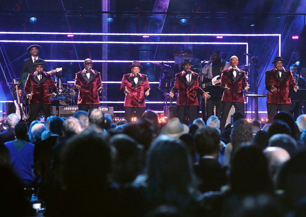 Ricky Bell, from left, Johnny Gill, Michael Bivins, Ralph Tresvant, Ronnie DeVoe, and Bobby Brown of New Edition perform during the Rock & Roll Hall of Fame Induction Ceremony on Nov. 3, 2023 at Barclays Center in New York.
