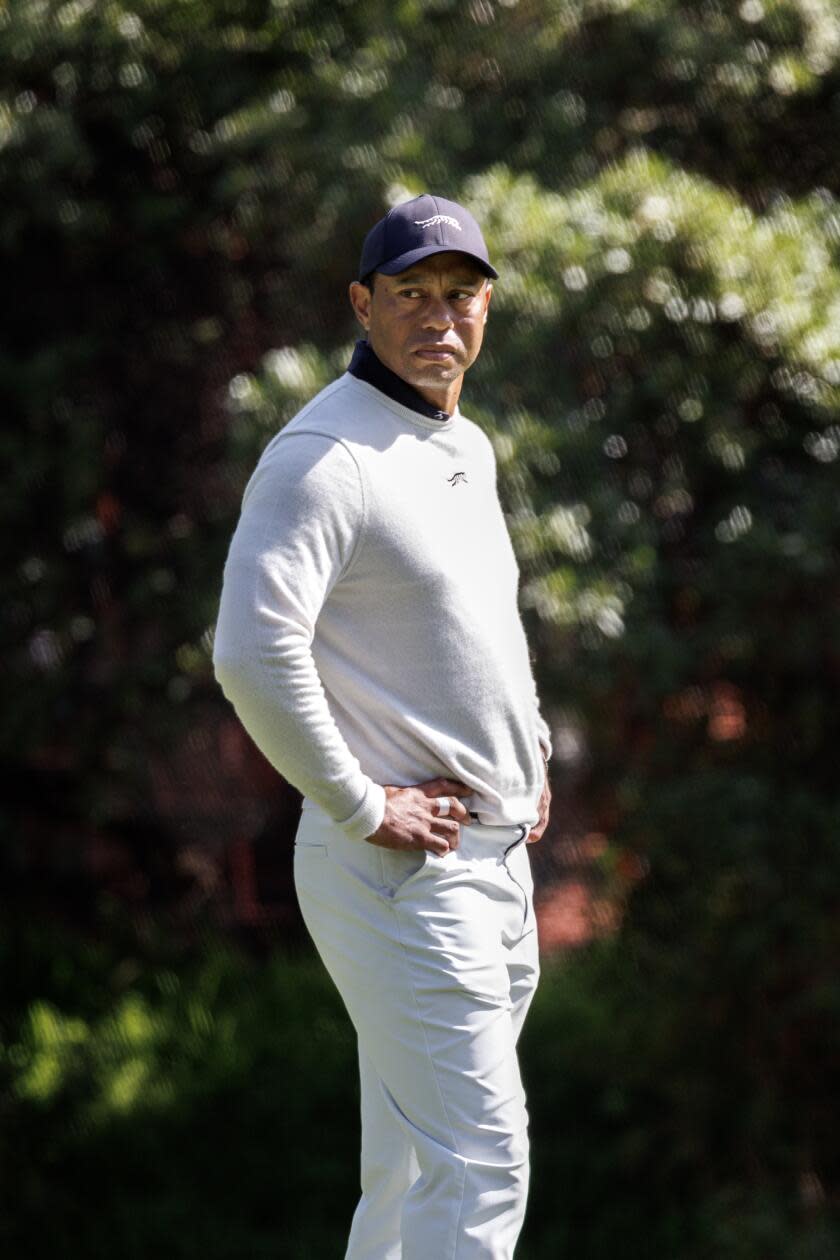 PACIFIC PALISADES, CA - FEBRUARY 15, 2024: Tiger Woods waits to putt on the 13th hole.
