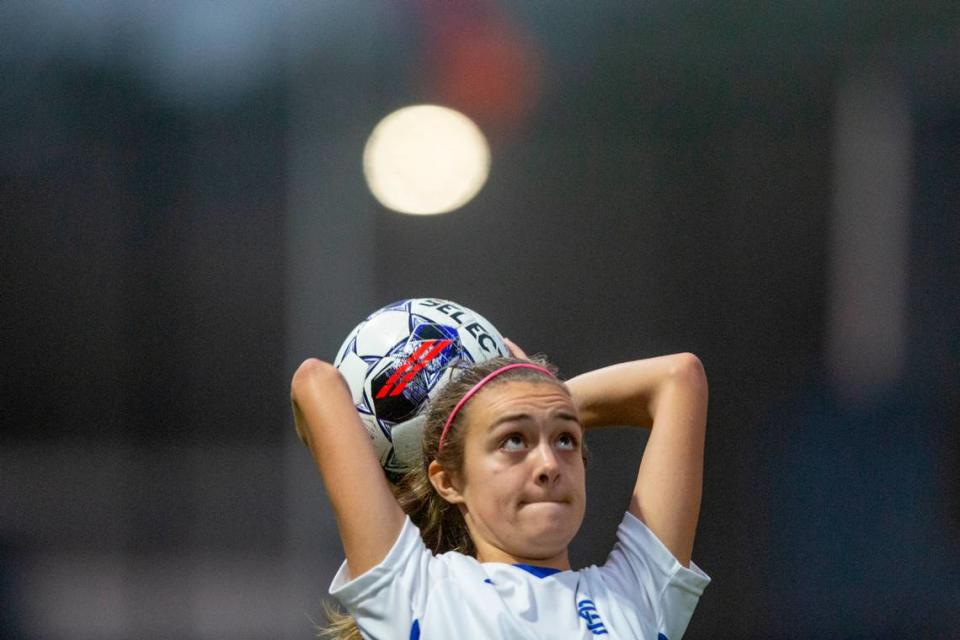 Ocean Springs’ Ashton Rainey throws the ball back in during the 6A South State Championship game in Gulfport on Tuesday, Jan. 31, 2023.