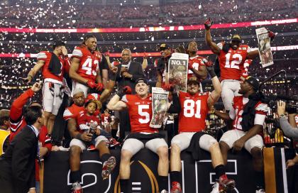 Ohio State Buckeyes players celebrate on the podium after the 2015 CFP National Championship Game.(Matthew Emmons-USA TODAY Sports)