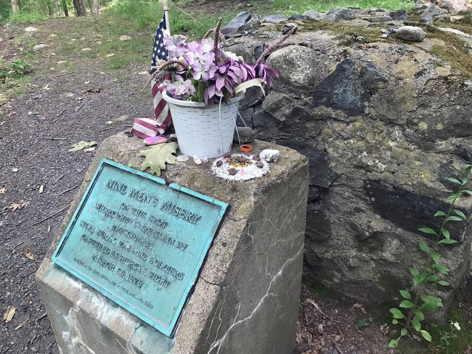 The Nine Men’s Misery monument marks a burial ground for soldiers killed during King Philip’s War.