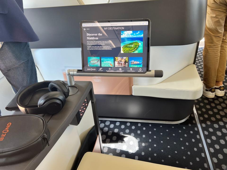 An iPad on board a Beond airliner displays information about the Maldives