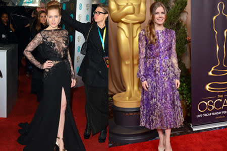 <p>Amy was breathtaking at the BAFTAs in a dramatic black sheer lace Ellie Saab gown, making the purple J. Mendel dress she chose for the Academy Awards Nominees Luncheon a little lacklustre in comparison.</p>