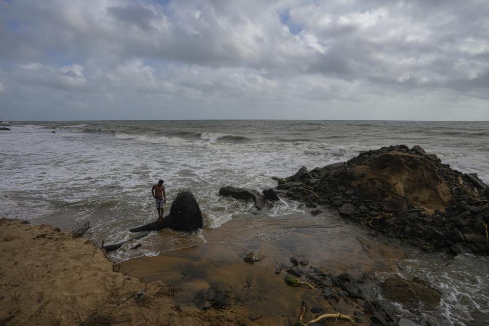 Nuwan Fernando stands on a fallen coconut tree trunk at a washed out land stretch at the backyard of his house along the eroding coast in Iranawila, Sri Lanka, Thursday, June 15, 2023. "I don't know what will happen in the future but I still keep my faith," Fernando said, one of a few in Iranawila whose house remains intact. (AP Photo/Eranga Jayawardena)