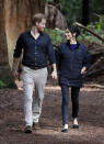 <p>Meghan changed into her Mother slim jeans, flat shoes and a Norrøna coat for a visit to the Redwoods Treewalk. <em>[Photo: Getty]</em> </p>