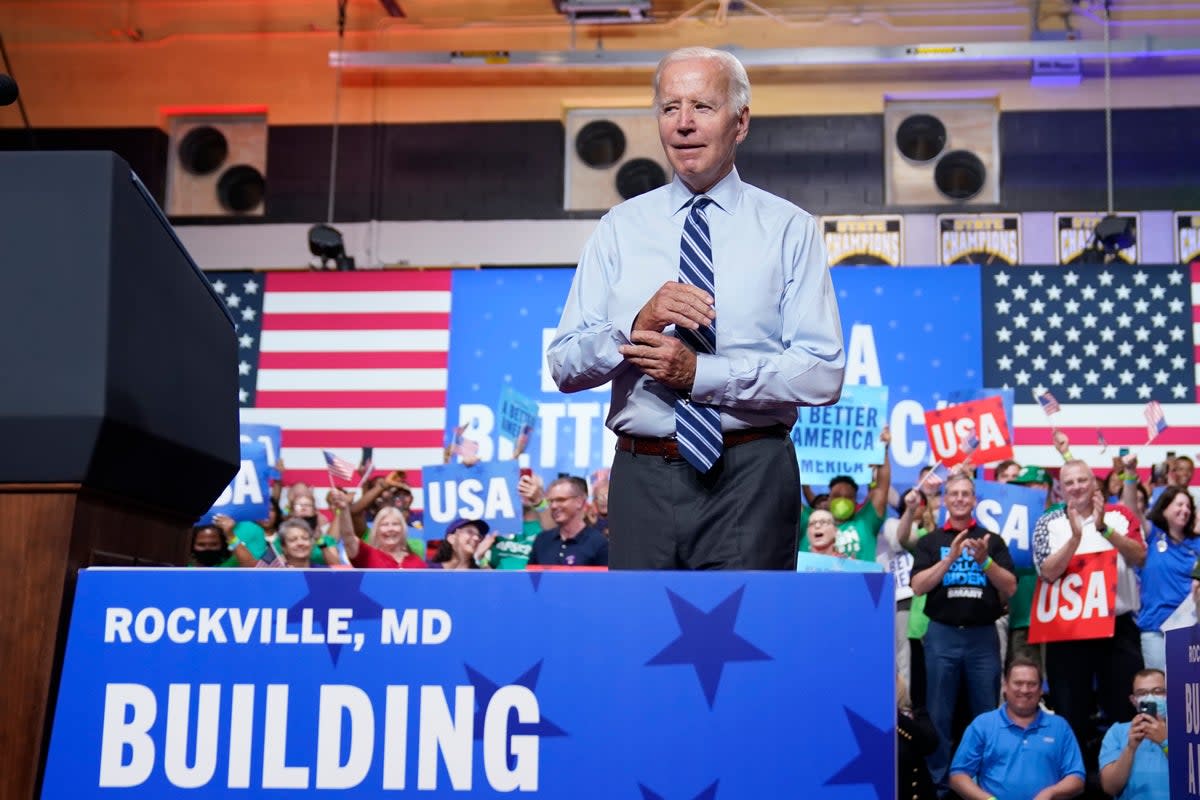 President Joe Biden arrives to speak during a rally hosted by the Democratic National Committee at Richard Montgomery High School, Thursday, Aug. 25, 2022, in Rockville, Maryland  (AP)