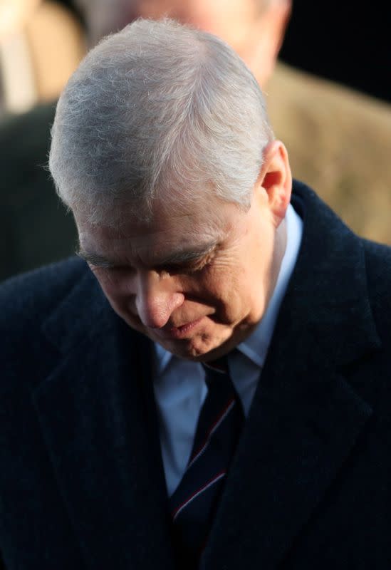 FILE PHOTO: Britain's Prince Andrew leaves St. Mary the Virgin church in Hillington