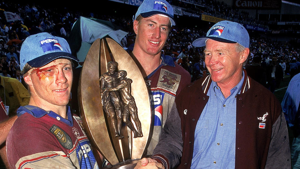 Bob Fulton, pictured here with Geoff Toovey and Steve Menzies after the 1996 Grand Final.