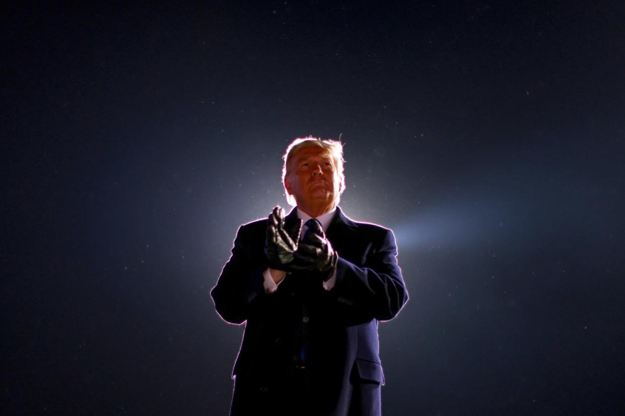 Image: President Donald Trump looks out at supporters at a campaign rally in Omaha on Tuesday. (Jonathan Ernst / Reuters)