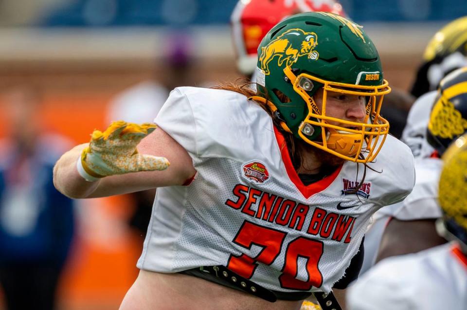 Feb 2, 2023; Mobile, AL, USA; National offensive lineman Cody Mauch of North Dakota State (70) practices during the third day of Senior Bowl week at Hancock Whitney Stadium in Mobile. Mandatory Credit: Vasha Hunt-USA TODAY Sports