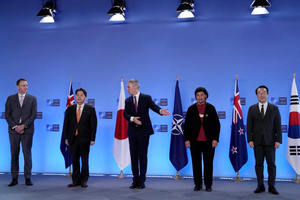 Australia's Deputy Head of Mission David Dutton, Japan's Foreign Minister Yoshimasa Hayashi,  Stoltenberg, New Zealand's Foreign Minister Nanaia Mahuta, and South Korea's Special Representative Lee Do-hoon pose for a group photo during a meeting of NATO foreign ministers in April 5, 2023. (Virginia Mayo/Pool via Reuters)
