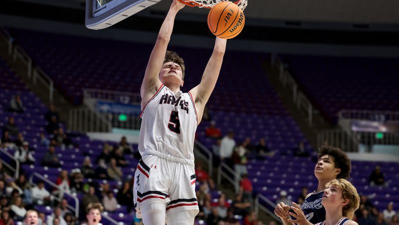 Alta’s Jaxon Johnson dunks while playing Springville in a 5A boys basketball state quarterfinal game at the Dee Events Center in Ogden on Wednesday, March 1, 2023. Johnson was named the Most Valuable Player in the Adidas 3SSB National Championship.