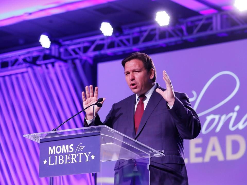 Florida Governor Ron DeSantis speaks during the inaugural Moms For Liberty Summit at the Tampa Marriott Water Street on July 15, 2022 in Tampa, Florida. DeSantis is up for reelection in the 2022 Gubernatorial race against Democrat Charlie Crist.