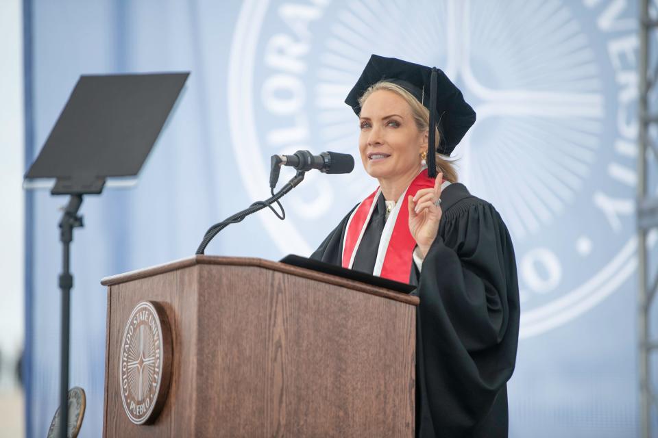 Former White House Press Secretary and current Fox News personality Dana Perino delivers the commencement address for the graduating class at Colorado State University Pueblo on Saturday, May 13, 2023.