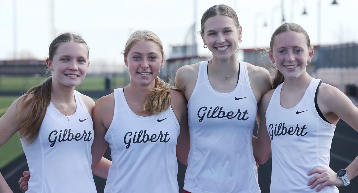 Gilbert's girls 4x800-meter relay team of (from left) Clare Stahr, Sophia Bleich, Sarah Feddersen and Keira Andersen hope to upset some Class 4A teams at the Drake Relays this weekend at Drake Stadium in Des Moines.