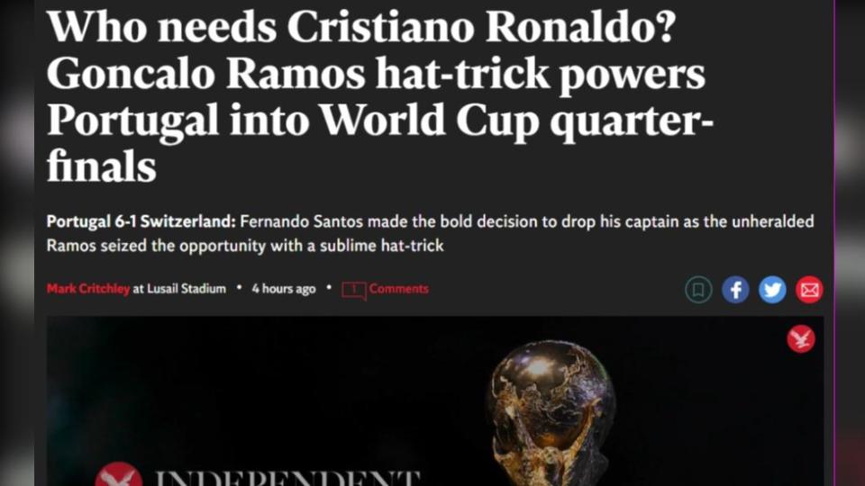 葡萄牙與瑞士賽後，英國《獨立報》更故意以「誰還需要C羅？」（Who needs Cristiano Ronaldo?）諷刺他。（圖/翻攝自獨立報）