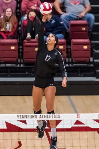 <p>Douglas Stringer/Icon Sportswire/Getty</p> Ronika Stone delivering a serve during the regular season game between the Oregon Ducks verses the Stanford Cardinals in 2017.