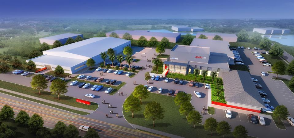 A rendering of the planned expansion of the Asolo Repertory Theatre’s Koski Production Center. The theater broke ground Tuesday on a new rehearsal hall building (center right), which will connect two empty warehouse spaces. The theater’s existing scenic design studios are in the building on the left on the expanded campus.