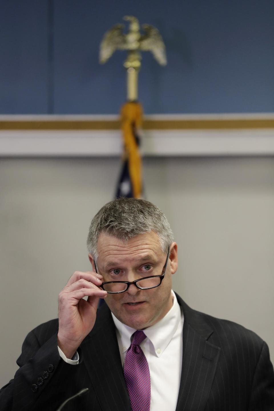 Acting New Jersey U.S. Attorney William E. Fitzpatrick speaks during a news conference announcing corruption charges against Philadelphia District Attorney Seth Williams, Tuesday, March 21, 2017, in Philadelphia. Williams, Philadelphia's top prosecutor, was charged Tuesday with taking more than $160,000 in luxury gifts, Caribbean trips and cash, often in exchange for official favors that included help with a court case, according to a bribery and extortion indictment unsealed Tuesday. (AP Photo/Matt Slocum)