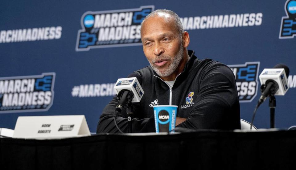 Acting Kansas head coach Norm Roberts speaks during a press conference ahead of Kansas’ first round game against Howard in the NCAA college basketball tournament Wednesday, March 15, 2023, in Des Moines.