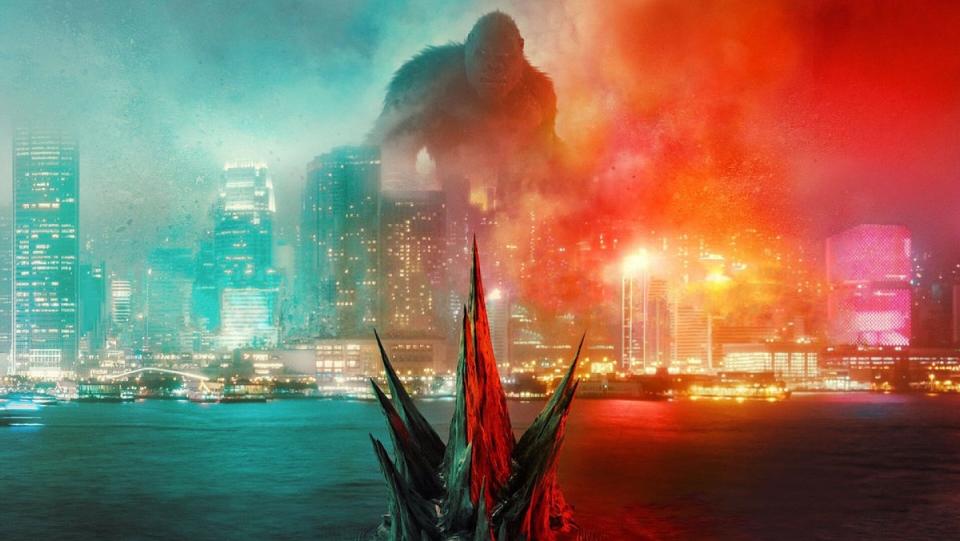 A snippet from the poster of Godzilla vs. Kong, with Godzilla approaching Hong Kong in the water where Kong awaits.