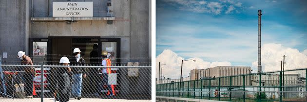 Left: Workers wearing masks stand outside the JBS beef processing facility in Greeley, Colorado, in April. Credit Michael Ciaglo/Bloomberg via Getty Images Right: A COVID-19 outbreak earlier this year at the JBS meatpacking facility in Greeley led to six deaths. Credit: Getty Images
