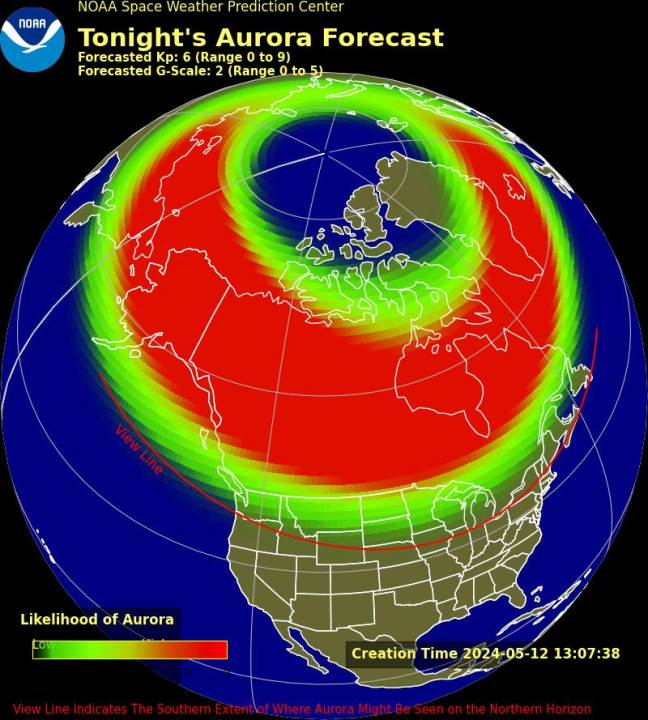 The aurora forecast for Sunday, May 12, 2024. (NOAA SWPC)<br>