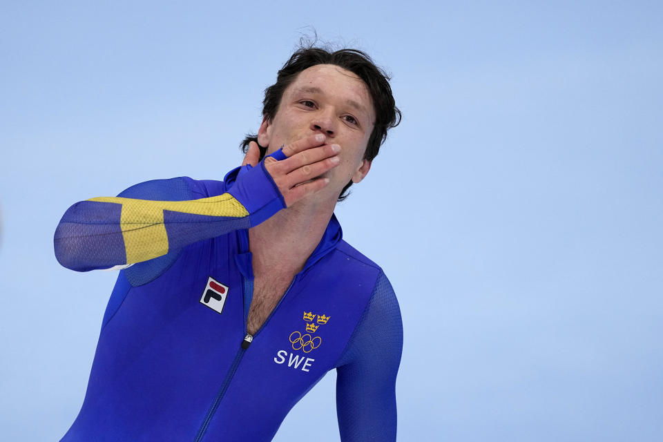 FILE - Nils van der Poel of Sweden reacts after breaking his own world record in the men's speedskating 10,000-meter race at the 2022 Winter Olympics, on Feb. 11, 2022, in Beijing. For an ailing search for a 2030 Olympics host now to have Sweden emerge as frontrunner is a surprise in Stockholm as elsewhere. (AP Photo/Sue Ogrocki, File)