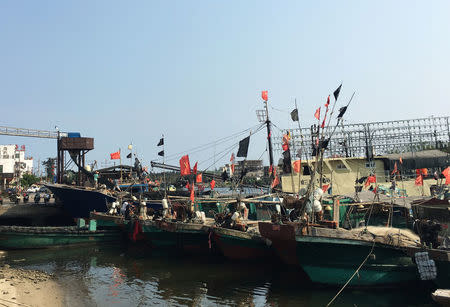 Fishing boats with Chinese national flags are seen at a harbour in Tanmen, Hainan province, April 5, 2016. REUTERS/Megha Rajagopalan