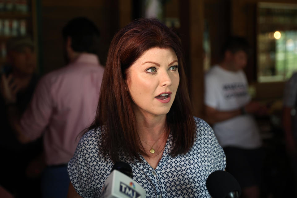 Wisconsin GOP gubernatorial candidate Rebecca Kleefisch speaks to reporters during a campaign stop on August 7, 2022 in Delafield, Wisconsin.  / Credit: Scott Olson / Getty Images