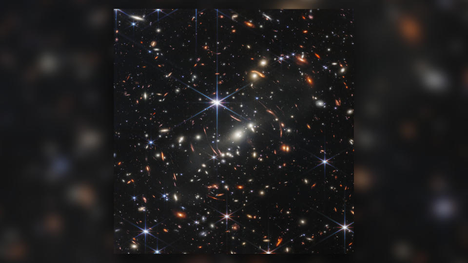 An image of the farthest galaxy in a field of twinkling light taken by the James Webb telescope