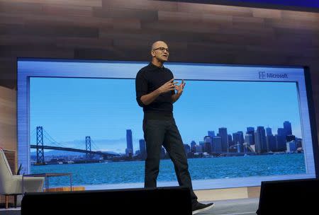 Microsoft CEO Satya Nadella delivers his keynote address at Microsoft Build in San Francisco, California April 29, 2015. REUTERS/Robert Galbraith