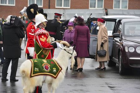 Britain's Queen Elizabeth arrives at Lucknow Barracks to present leeks to soldiers from The Royal Welsh Regiment to mark St David's Day, in Tidworth, Britain March 3, 2017. REUTERS/Ben Birchall