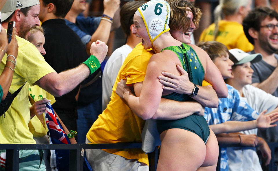 Abby Andrews, pictured here after Australia's win over USA at the Olympics.