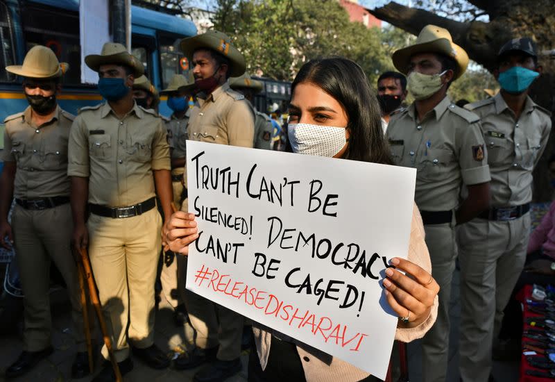 Protest against the arrest of climate activist Disha Ravi, in Bengaluru