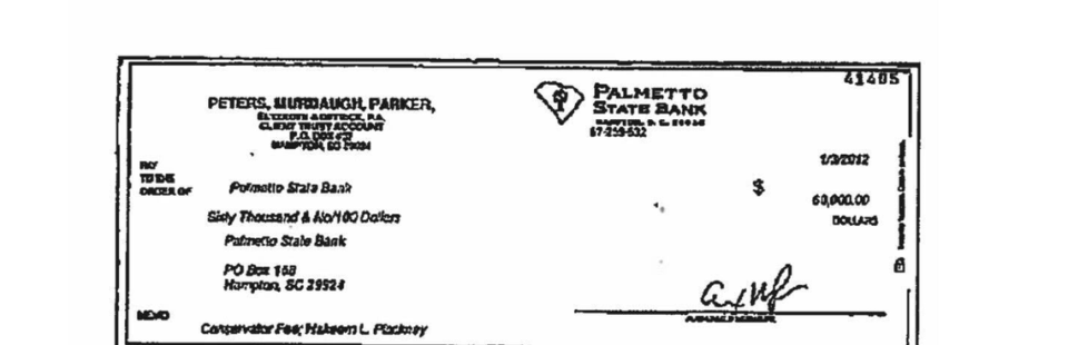 A Jan. 3, 2012 check for $60,000 that originated from the Peters, Murdaugh, Parker, Eltzroth & Detrick, P.A. (PMPED) trust account within Palmetto State Bank. The check was meant for a disabled Hampton man’s family, according to attorney Justin Bamberg, but it was inexplicably made out to and cashed out at Palmetto State Bank.